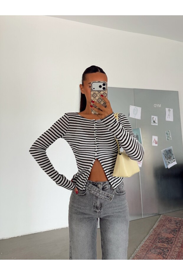 Buttoned Striped Blouse - Black