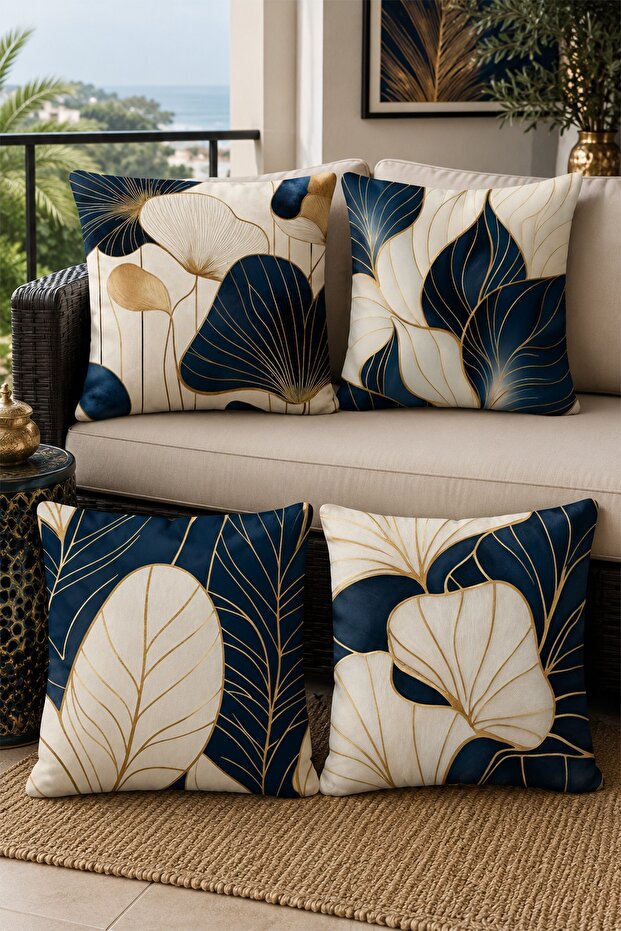 Navy Blue Cream Leaves Patterned 4-Piece Throw Pillow Cover Set