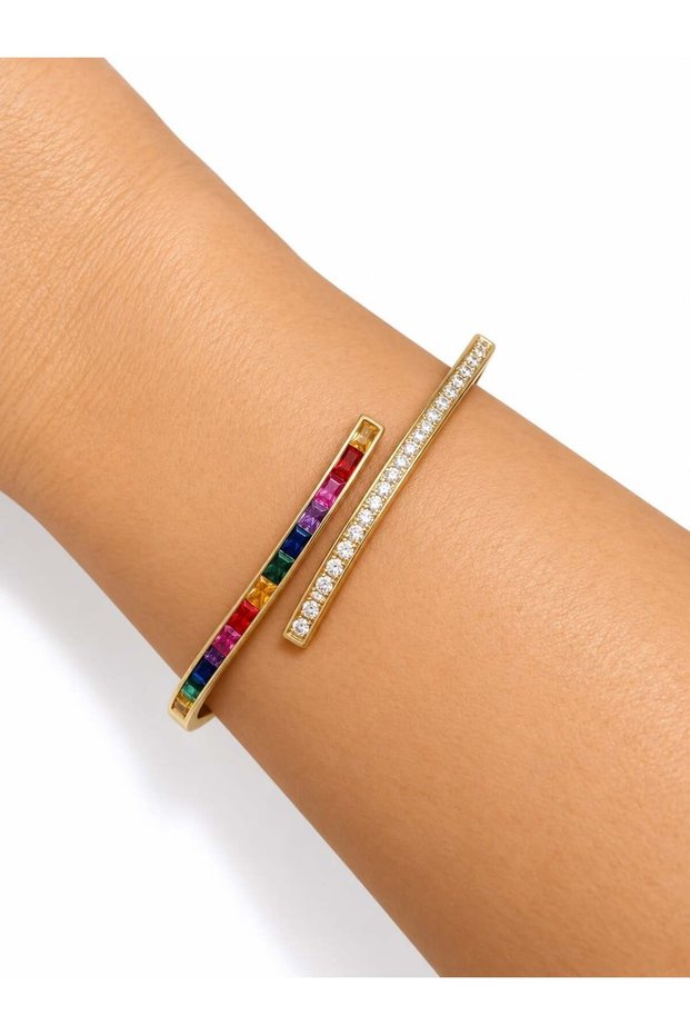 Colorful and Transparent Zircon Stone Open-Ended Gold Bracelet