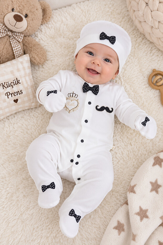 Ss Gi̇yi̇m Baby Boy Bow Tie Romper Set – White Stylish Baby Boy Hospital Release and Special Occasion Combination