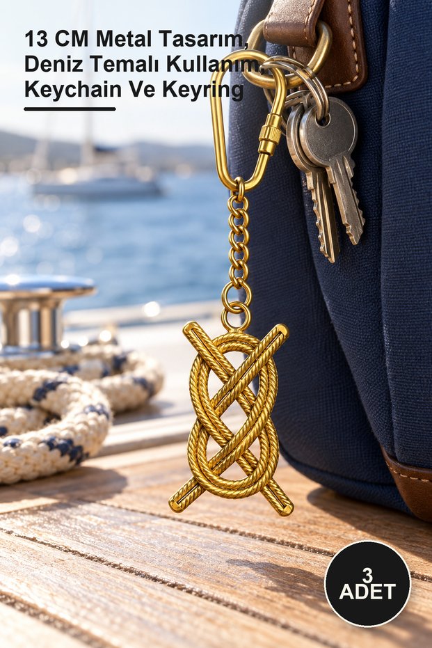 3 Pieces Brass Ship Knot Keychain – 13 cm Metal Design, Nautical Themed Use, Keychain and Keyring