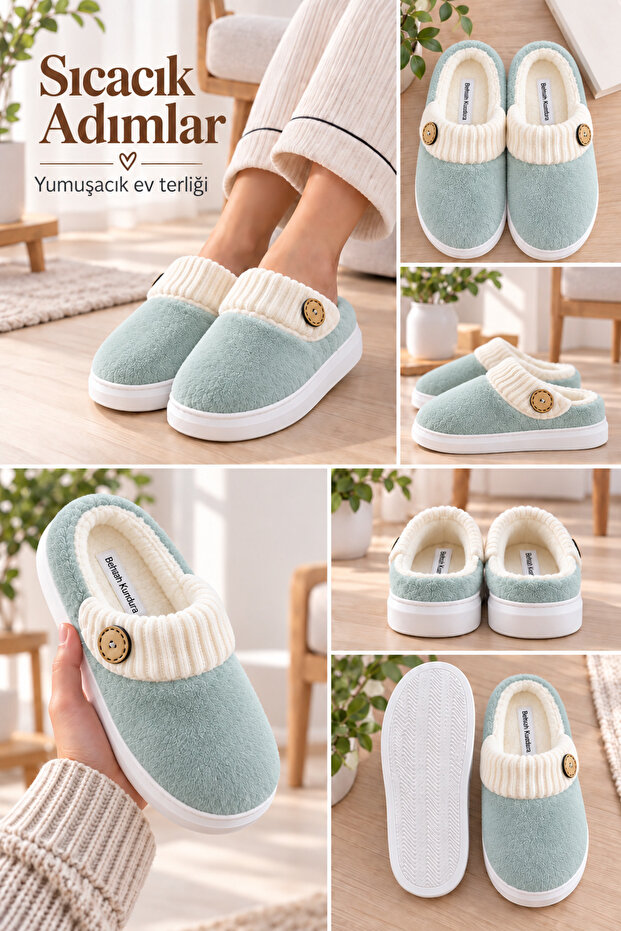 Women's Button Detailed Soft Plush Washable House Slippers High Thick Sole Ultra Light Warm House Slippers