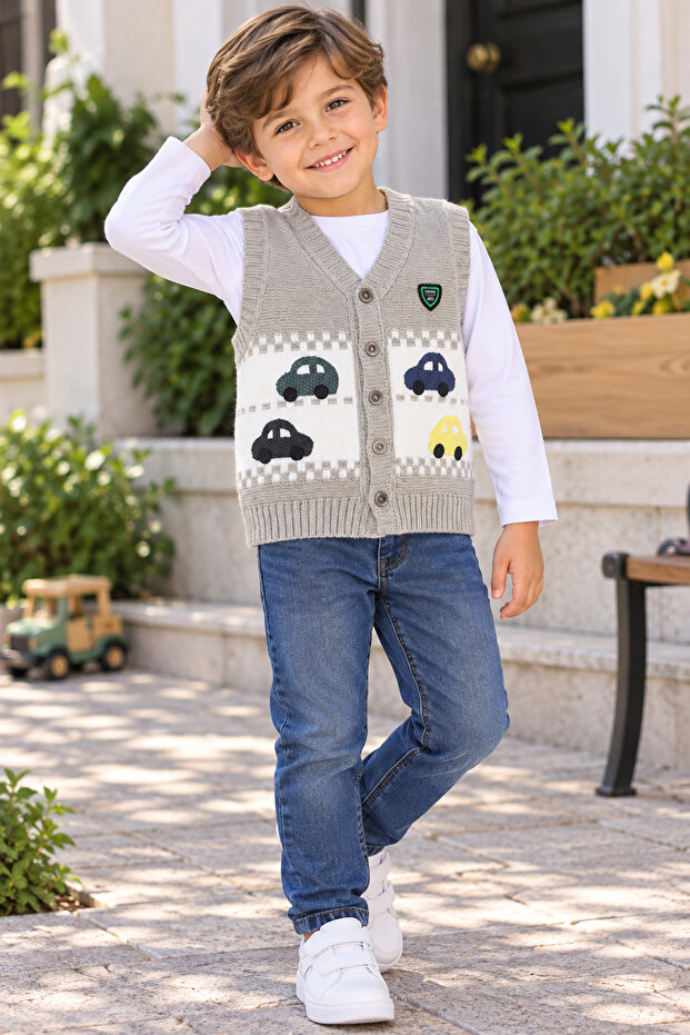 Ss Gi̇yi̇m Boys' Knitted Sweater – Car Patterned V-Neck Buttoned Knitwear Vest, Casual Stylish Children's Clothing