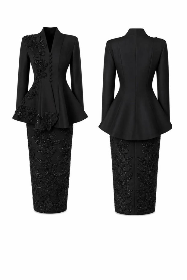 Embroidered Skirt and Jacket Set Ecru