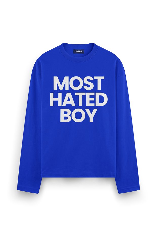 Most Hated Boy Printed Long Sleeve Oversize Fit T-Shirt Blue