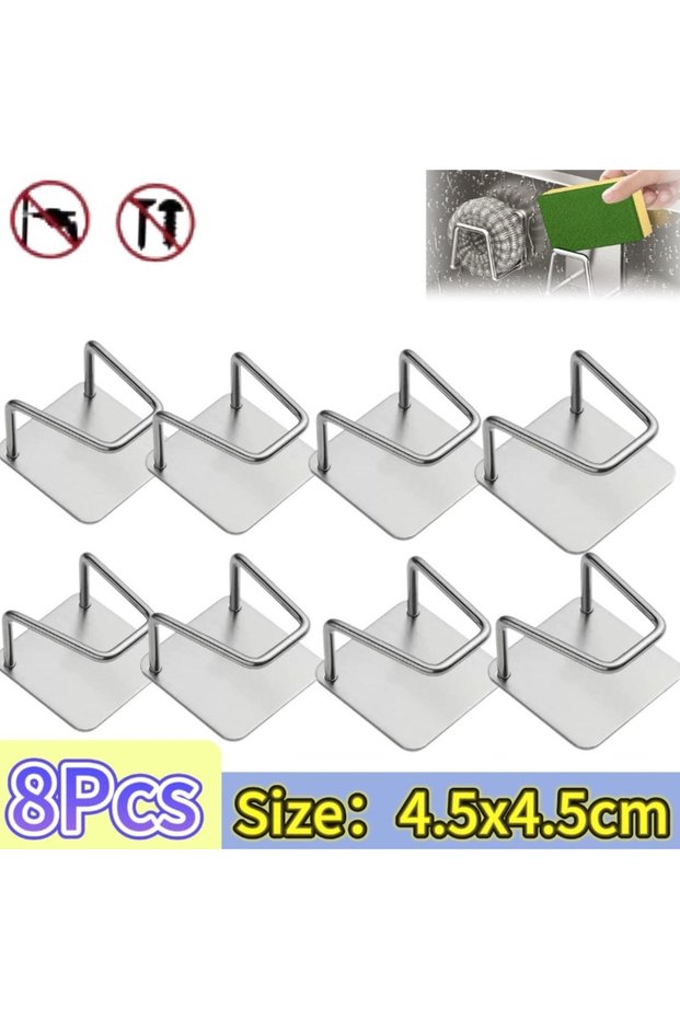 8pcs Kitchen Sponges Holder Stainless Steel Sink Shelf Adhesive Holders Drain Drying Rack Wall Hooks