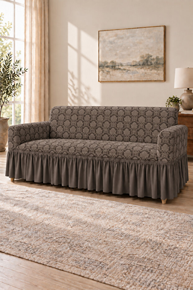Jacquard Fabric Ottoman Pattern Skirted Three-Seat Sofa Cover – 1 Piece