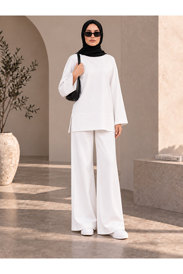 Women's White Ribbed Front Wide-Leg Modal Fabric High Waist Gathering Pants Leggings & Oversize Hijab Tunic Two-Piece Set
