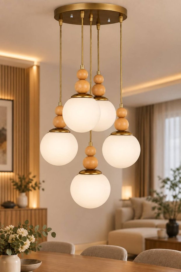 Vi̇ona 5-Piece Round Set | | Antique Body | | White Glop Glass | | Natural Wood Detail Chandelier | | Modern Chandelier with E-27 Lampholder ✨ Ceiling Mounted Chandelier ✨ Living Room Chandelier Decorative Lighting Chandelier Models Ceiling Lamp
