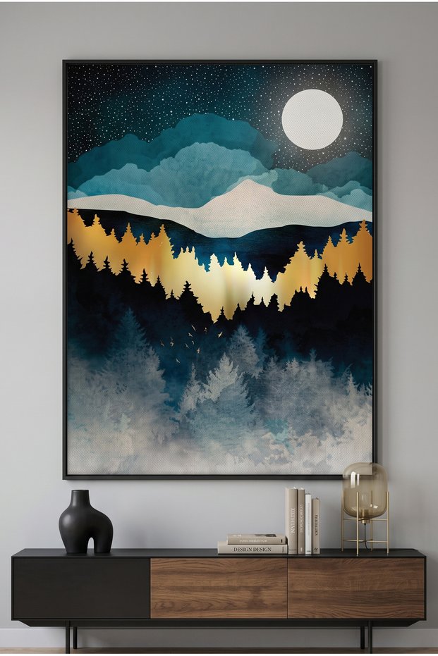 Gold Starry Mountain Nature Wall Art | Portrait Framed Canvas Print with Gold Foil Embossed | Luxury Modern Botanical Decor for Living Room