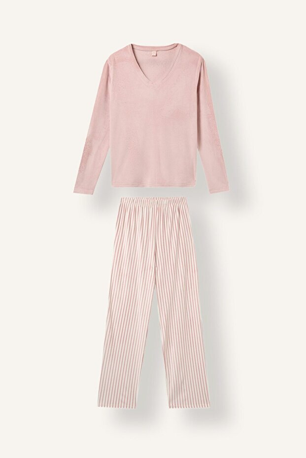 Regular Fit Long Sleeve Velour Top Striped Long Bottom Pajama Set A6205Ax26Au
