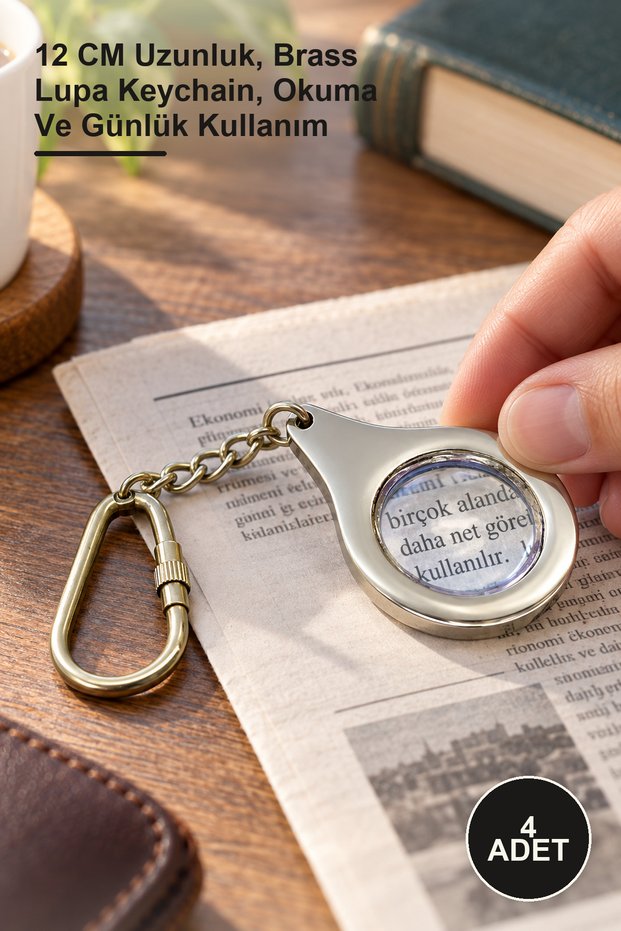 4 Pieces Brass Magnifying Glass Keychain – 12 cm Length, Brass Lupa Keychain, for Reading and Daily Use
