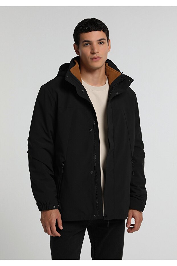 3 Different Uses Regular Fit Hooded Zippered Lined Men's Black Coat