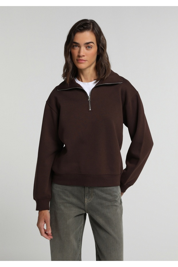 Regular Fit Zippered Plain Women's Brown Sweatshirt