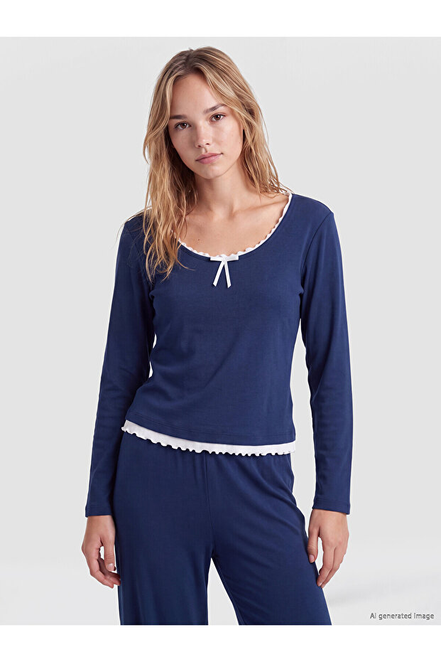 Two Mt Shop Quality Lcw Dream Indigo Plain Long Sleeve Women's Pajama Set