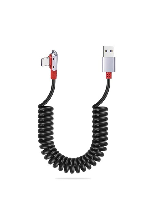 كابل شحن USB C ملفوف، كابل USB C بزاوية 90 درجة، USB 2.0 إلى Type C بزاوية قائمة، بطول يصل إلى 6 أقدام.