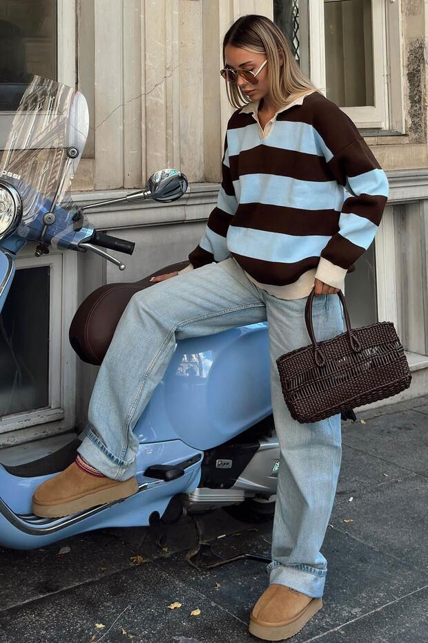 Brown Case Polo Collar Thick Striped Women's Knitwear Sweater