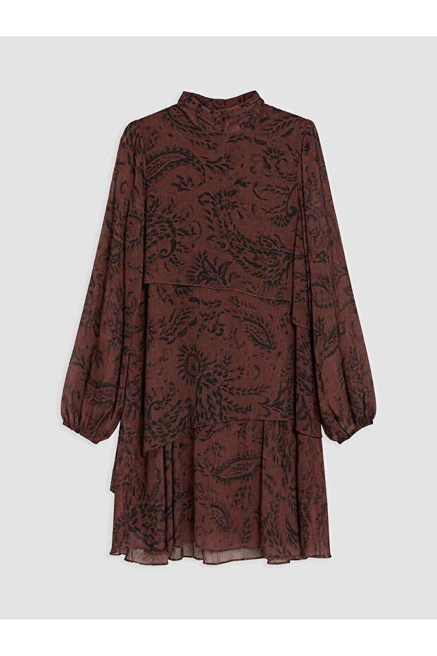 Two Mt Shop Quality Lcw Studio Burgundy Chiffon Patterned Standard & Regular Stand Collar Mini Dress