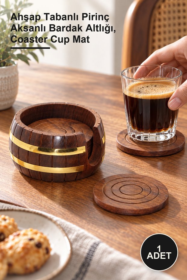 1 Piece Brass Round Wooden Coaster – Brass Accented Coaster with Wooden Base, Coaster Cup Mat
