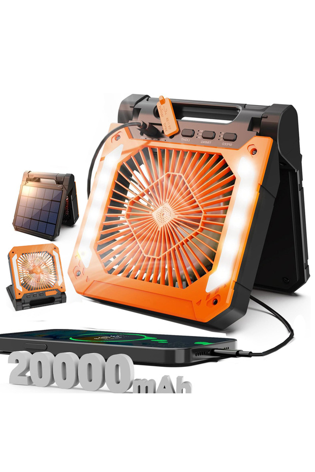 Orange Cordless Portable Electric Fan With Led Light Tent Car Camping Hook&USB&Solar Charging For Hi