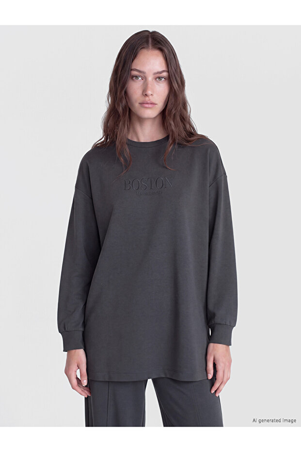 Anthracite Embroidered Soft Touch Women's Sweatshirt Tunic