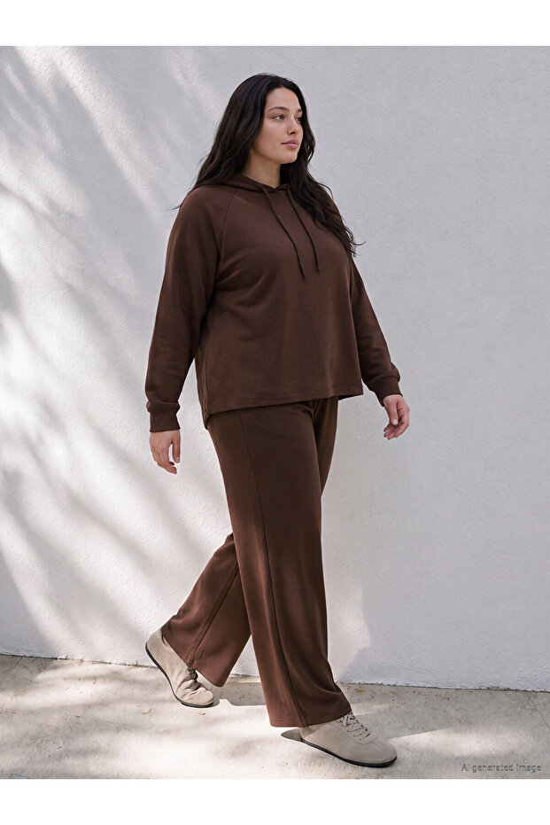Two Mt Shop Quality Lcw Curve Brown Interlock Plain Loose & Baggy Women's Sweatpants