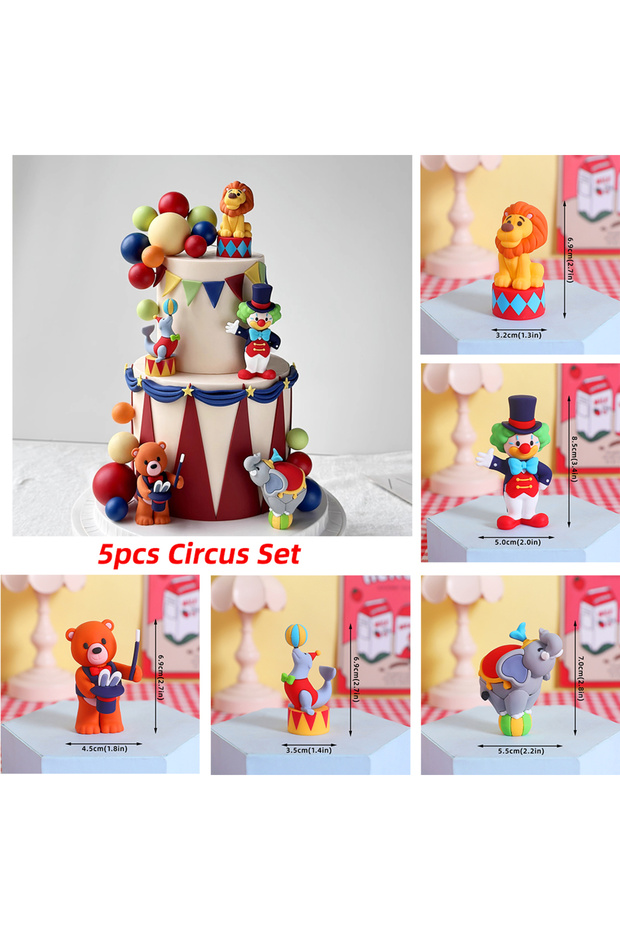 Size as show 5pcs Set Circus Theme Cake Topper Clown, Acrobatic Lion, Elephant, Sea Lion, Magician B