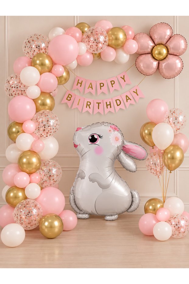 Party Rabbit Birthday Balloon Set | Pink Gold Daisy Foil Balloon | Happy Birthday Banner | 38 Pieces