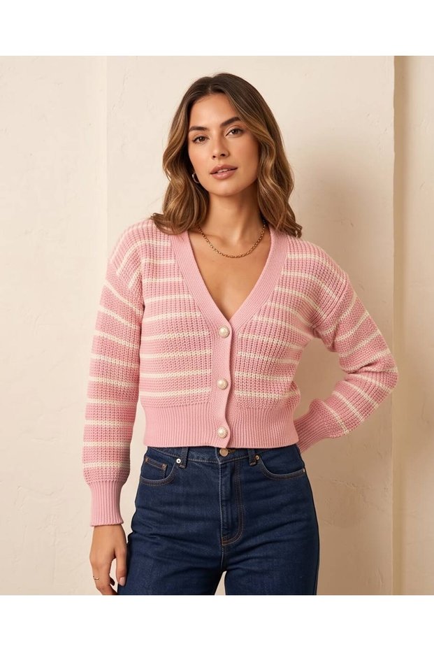 Women's Striped Pearl Button V-Neck Long Sleeve Knitwear Cardigan