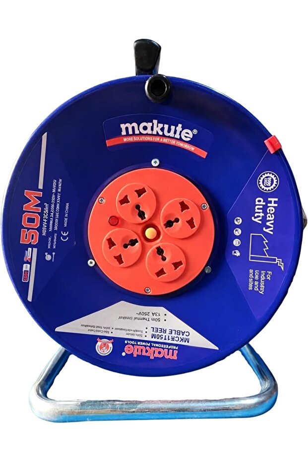 50M Heavy-Duty Cable Reel with 4 Universal Sockets 220-240V Steel Stand, 3200W Unwound, 3-Pin Plug, 1000W Wound, Model MKCR1150M