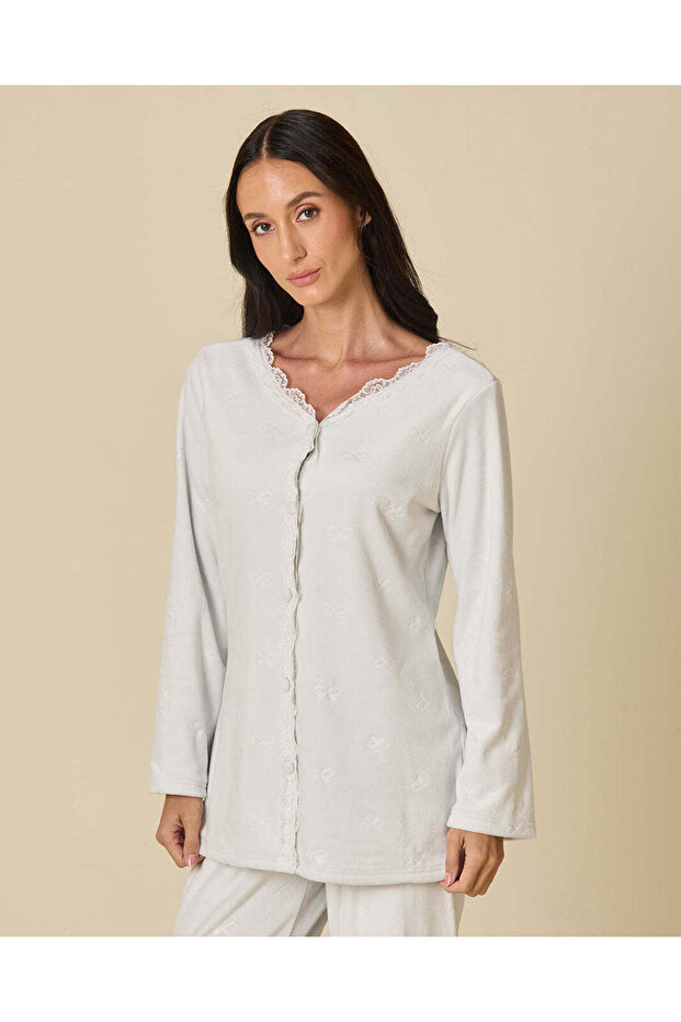 Women White Embossed Velour Buttoned Robe with Lace Detail