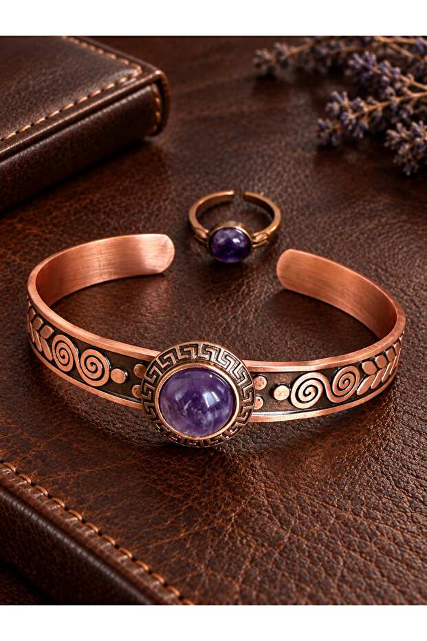 Women's Copper Ring Bracelet Handcrafted Pure Copper Round Amethyst Stone Natural Stone Women's Copper Adjustable Bracelet