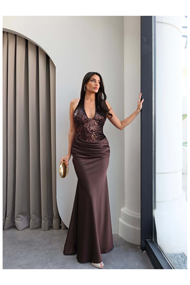 Halter Neck Sequined Maxi Dress
