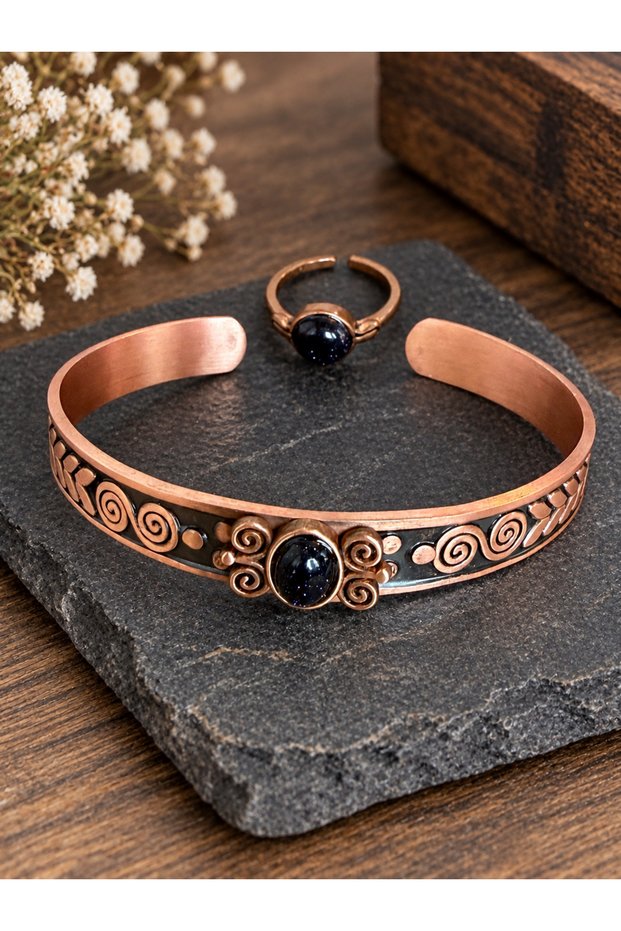 Women's Copper Ring Bracelet Handcrafted Pure Copper Oval Star Stone Natural Stone Women's Copper Adjustable Bracelet