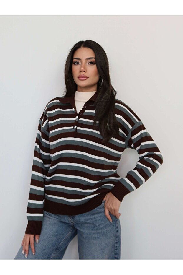 Striped Polo Collar Knit Sweater