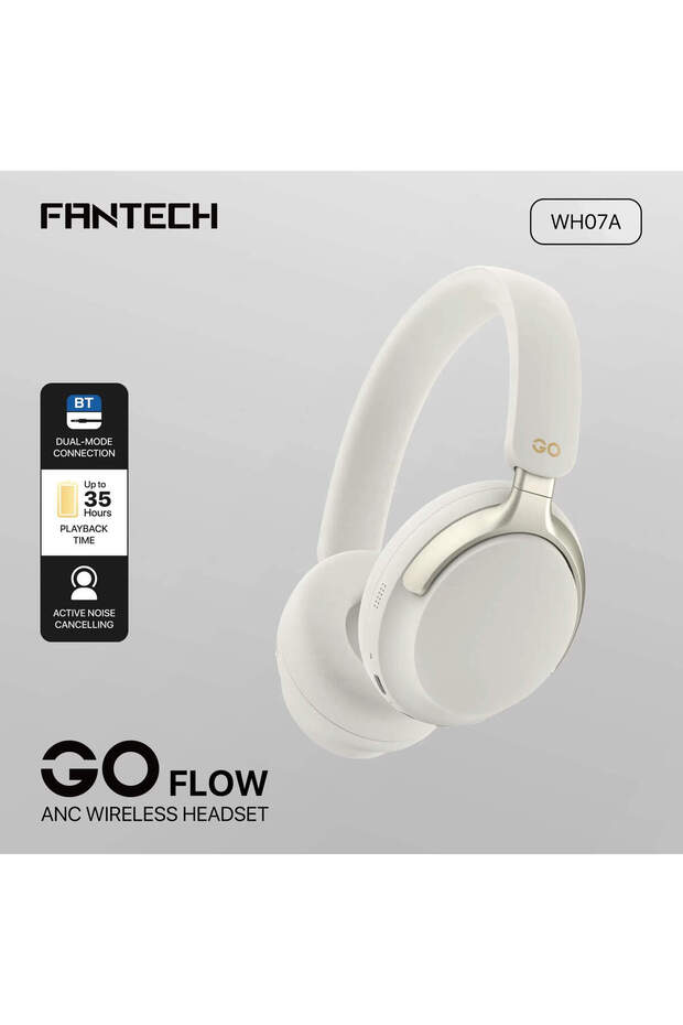 WH07A Wireless Headset, 40MM Drivers, 35H Playback, Active Noise Cancelling, USB-C, White