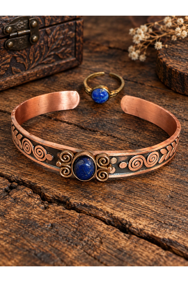 Women's copper ring bracelet handcrafted pure copper oval lapis lazuli natural stone adjustable copper bracelet