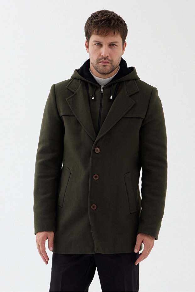Bergamo Men's Khaki Hooded Thick Stand Collar Cashmere Coat with Zipper Regular Fit