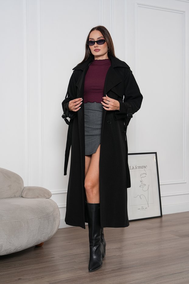 Women's Double-Breasted Belted Long Cashmere Coat with Epaulettes and Buttons