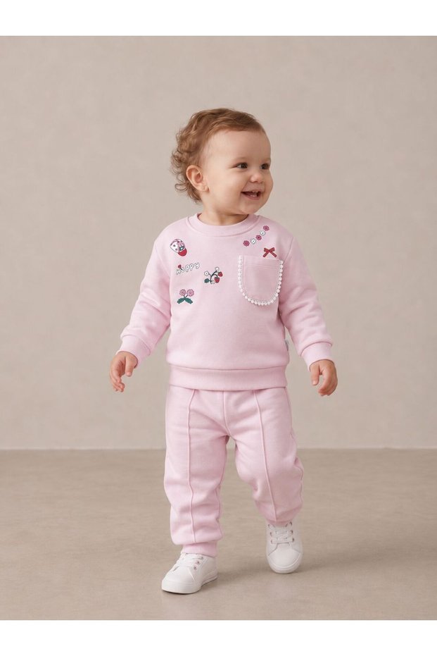 Simit Yaka Happy Printed Sweatshirt with Pocket Detail / Ribbed Sweatpants 3 Thread Ribbed Set