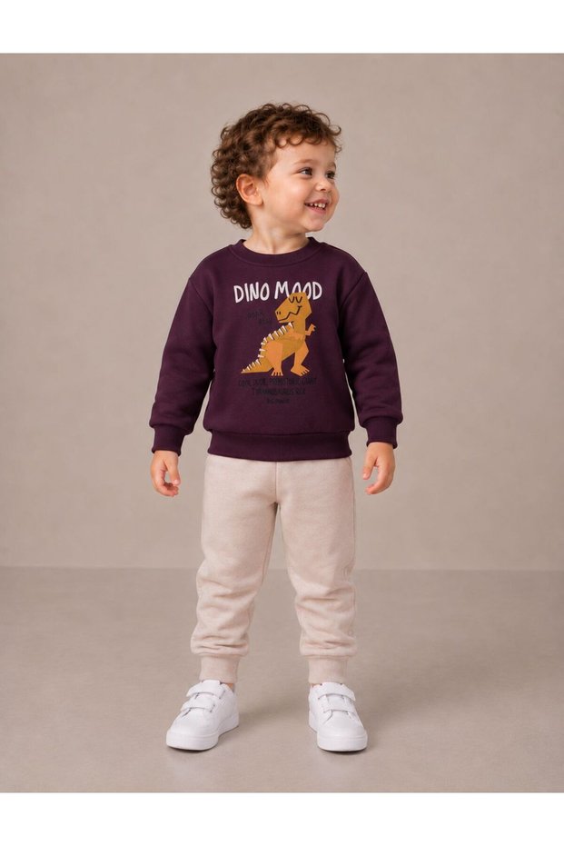 Simit Yaka Dino Printed Sweatshirt/Elastic Waist Sweatpants 3-Strap Set