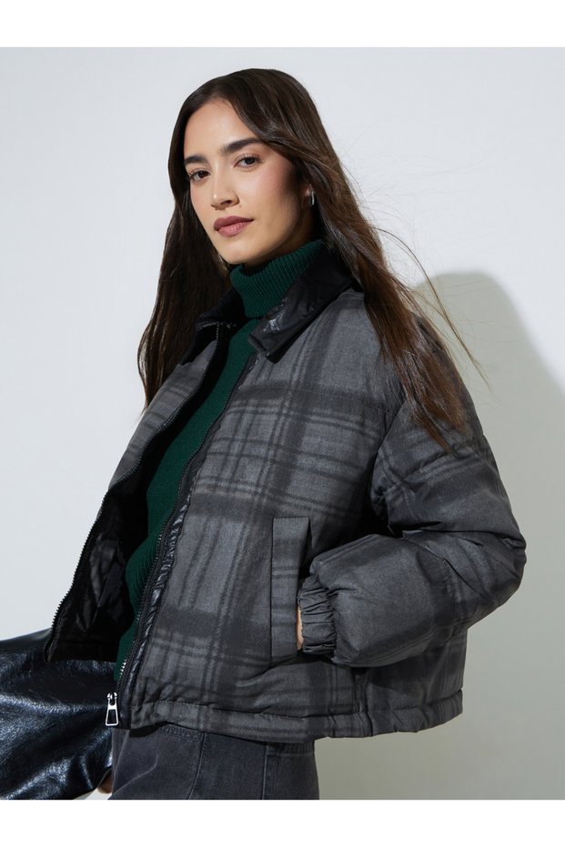 Charcoal Checked Regular Fit Padded Jacket