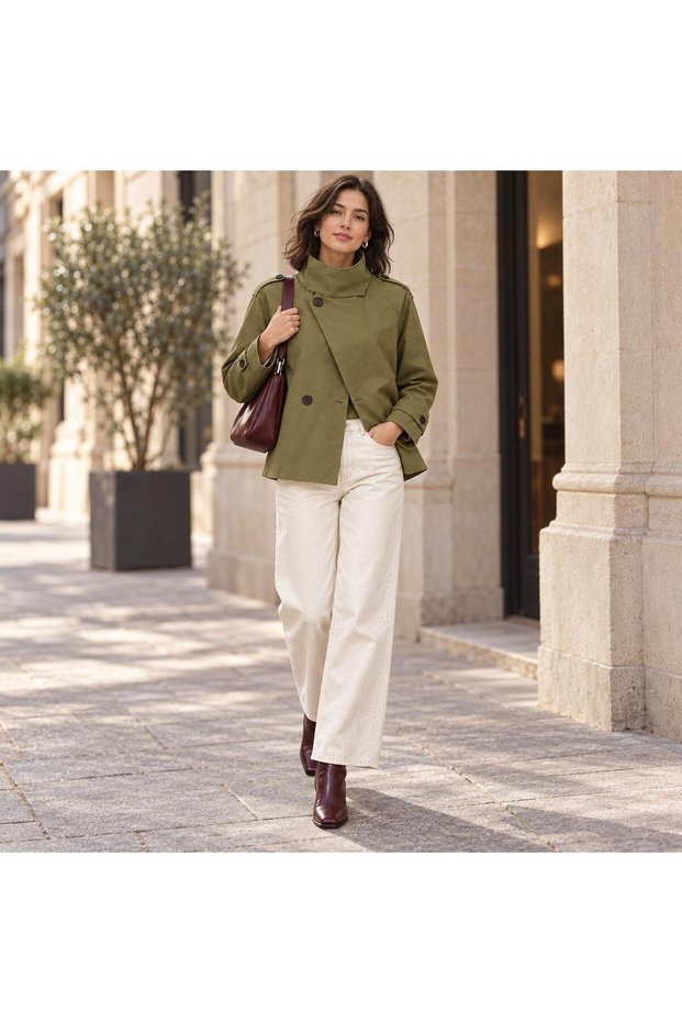 Women's Buttoned Stand Collar Lined Trench Coat with Back Windbreaker Detail Mta26K1139