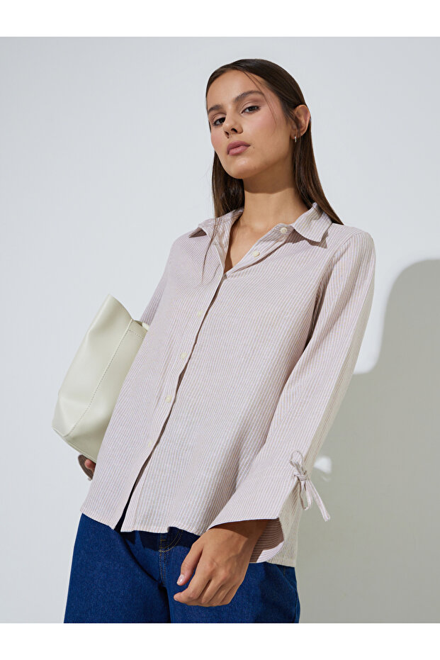 Beige Striped Tie-Up Detail Long Sleeves Regular Fit Shirt