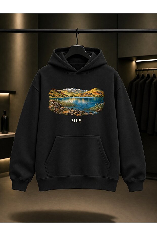 Mush Hamurpet Lake Printed Unisex 100% Cotton Hooded Sweatshirt