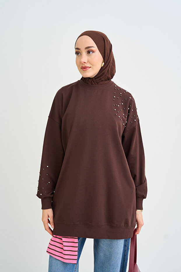 Women's Stone and Pearl Detailed Sweatshirt Brown