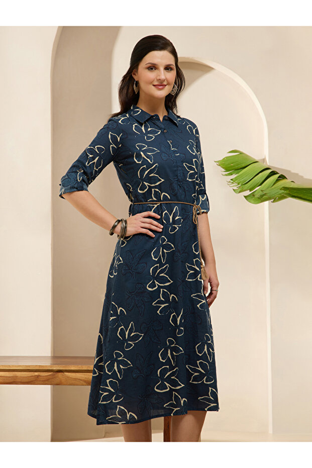 Globus Blue Cotton Floral Midi Dress with Shirt Collar and Tie-Up Belt