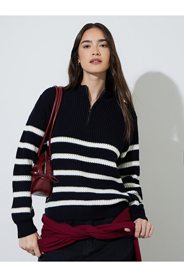 Black Striped Half-Zip Regular Fit Sweater