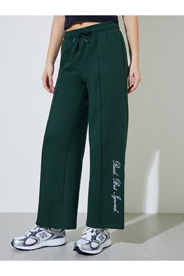 Green Embroidered Wide-Leg Joggers