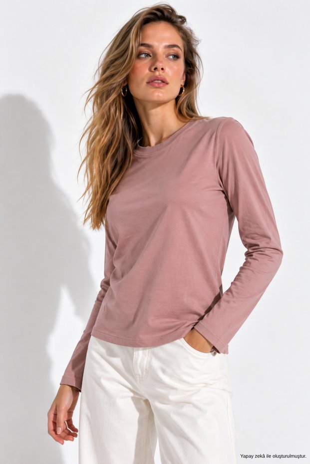 Women's Dusty Rose Crew Neck Long Sleeve Blouse
